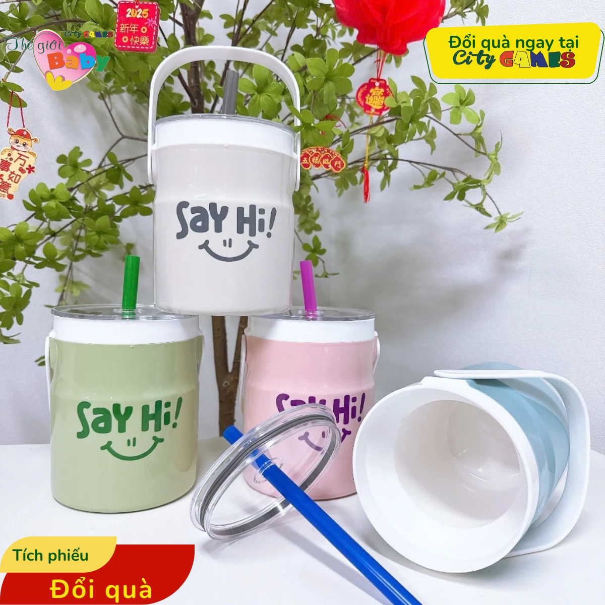 Bình Đá Trà Sữa Ống Hút Say Hi