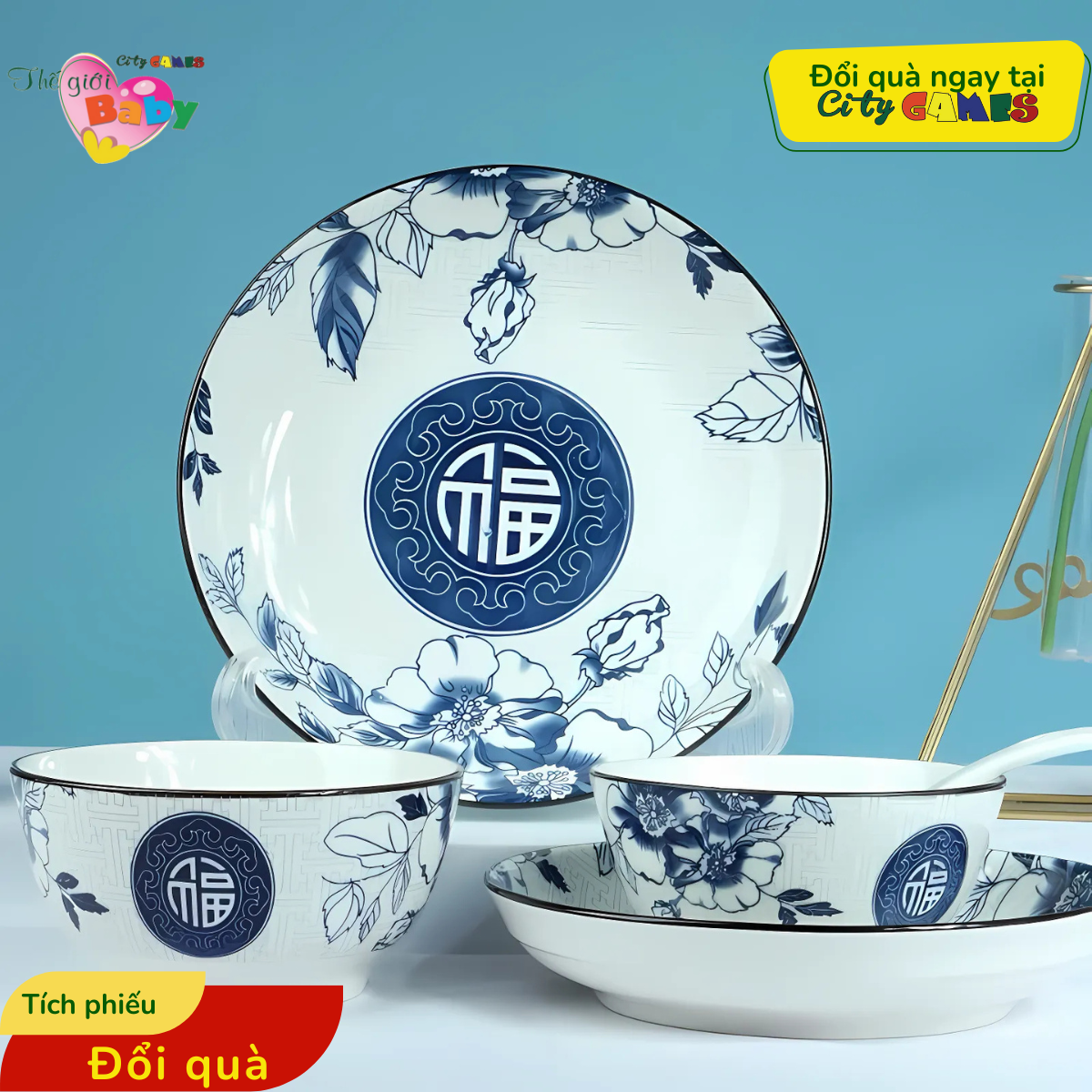 BỘ BÁT ĐĨA SỨ HOA VĂN PHÚC LỘC THỌ