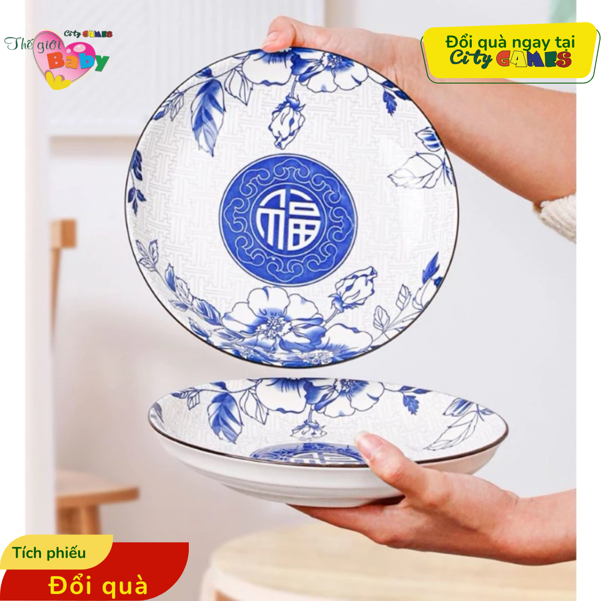 BỘ BÁT ĐĨA SỨ HOA VĂN PHÚC LỘC THỌ